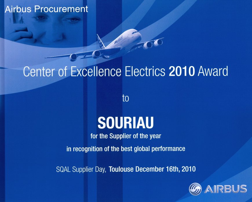 For the 4th year, SOURIAU wins AIRBUS’s best Supplier Award for standard electrical parts